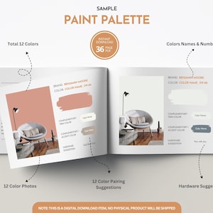 May include: A sample paint palette featuring 12 colour swatches, each with a colour name and number. The palette includes a photo of a room with a chair and a lamp, and a section for hardware suggestions.