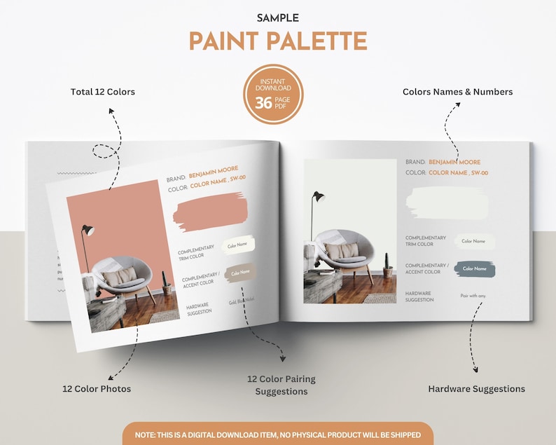 May include: A sample paint palette featuring 12 colour swatches, each with a colour name and number. The palette includes a photo of a room with a chair and a lamp, and a section for hardware suggestions.