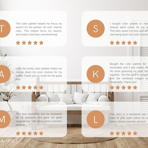 May include: Five customer reviews for a color palette product. Each review is in a square box with a letter in the top left corner. The reviews are positive and include five stars.
