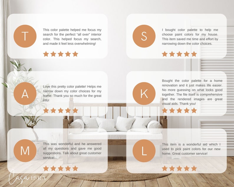 May include: Five customer reviews for a color palette product. Each review is in a square box with a letter in the top left corner. The reviews are positive and include five stars.