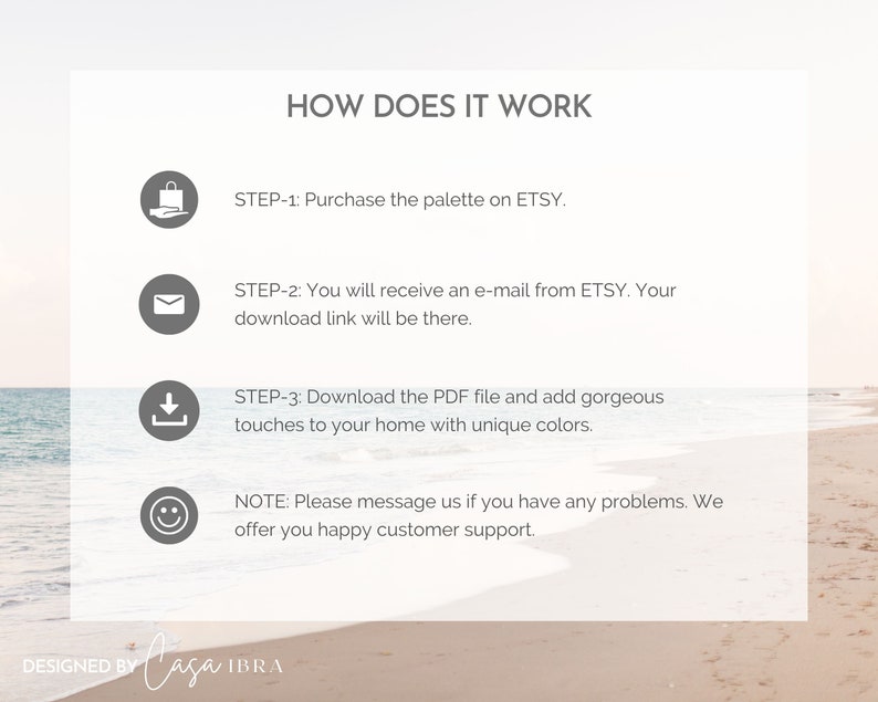 May include: How to use a colour palette: Purchase the palette on Etsy, receive an email with a download link, download the PDF file, and add gorgeous touches to your home with unique colours. Contact us if you have any problems. We offer happy customer support.