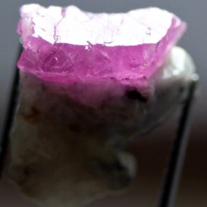 Pode incluir: Um close-up de uma gema rosa em bruto. A gema tem uma aparência em camadas, com um topo rosa mais claro e uma base rosa mais escura. A pedra é segurada por um clipe de metal, e o fundo é um cinza suave.