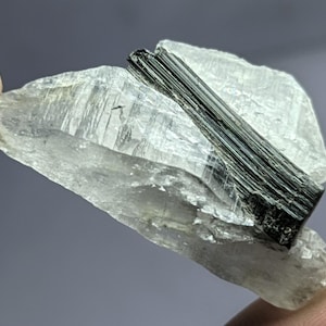 Puede incluir: Un espécimen mineral cristalino transparente con una formación mineral negra, estriada y oscura incrustada. La parte transparente tiene una forma rugosa e irregular. El espécimen se sostiene entre dos dedos.