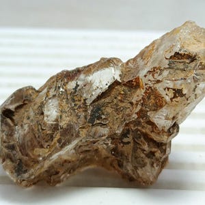 May include: A raw, natural quartz crystal with a translucent, light brown hue. The crystal has a rough, irregular shape with areas of darker brown and black inclusions. The surface appears to have a slightly glossy texture.