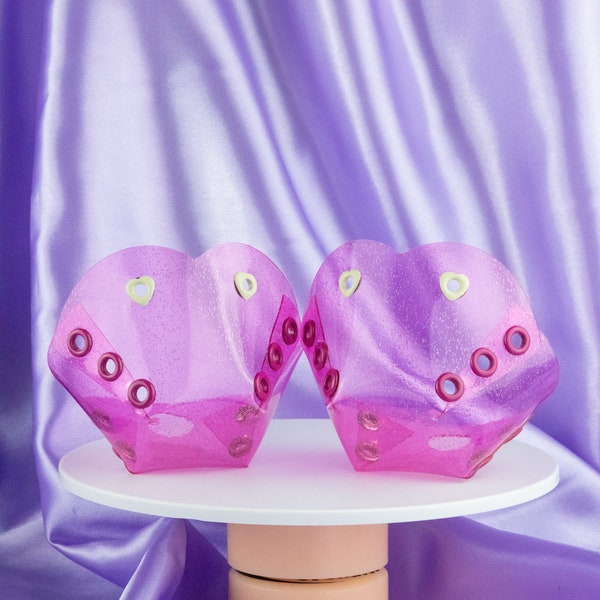 Barbie Girl- Pink Jelly Glitter  Roller Skate Toe Guards/Caps/Covers with Magenta and Ivory Heart eyelets