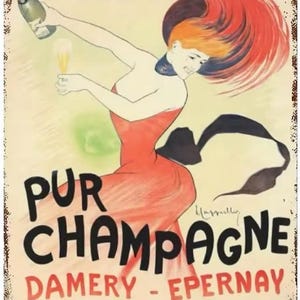 Op de afbeelding: Vintage metalen bord dat reclame maakt voor champagne. Het bord toont een vrouw in een rode jurk die champagne uit een fles giet. De tekst op het bord luidt "Pur Champagne Damery - Epernay Association de Vignerons Champenois".