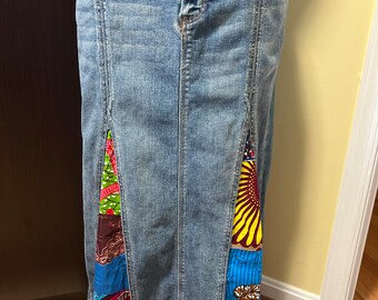 Upcycled Denim Skirt with African Prints