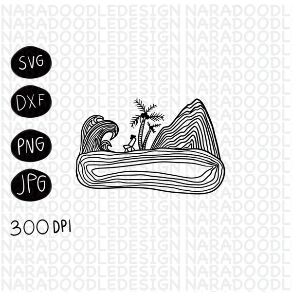 Majestic Mountain Beach Doodle art design, B&W Doodles Background, Hand-drawn, svg dxf png jpg file download, storytelling, print on demand