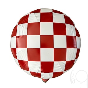 May include: Red and white checkered round balloon. The balloon is made of foil and has a shiny finish.