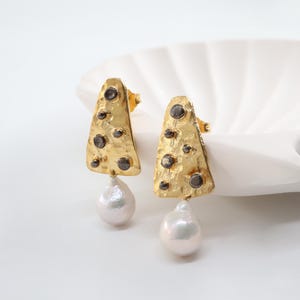 Gold Plated Sterling Silver Baroque Pearl Drop Earrings: Bridal Statement Jewelry