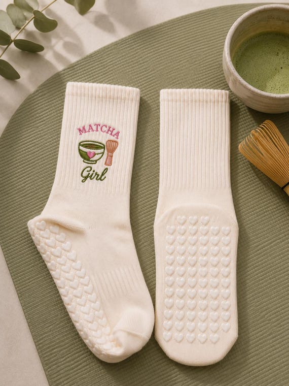 Personalized Heart Grip Socks, Custom Grip Socks, Non Slip Studio Socks, Matcha Girl Socks, Embroidered Pilates Socks, Custom Logo Socks