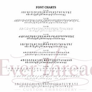 May include: A black and white font chart displaying various alphabet styles labelled Font 85 through Font 102. Each entry includes uppercase and lowercase letters in distinct typefaces. The text Everthread Custom Embroidery is visible.