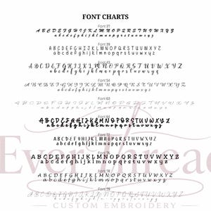 May include: A font chart displaying multiple alphabet styles labelled Font 37, 39, 43, 54, 63, 64, 72, 76, 78, and 79. Each row features uppercase and lowercase letters in black text against a white background, with the text Everthread Custom Embroidery overlaid.