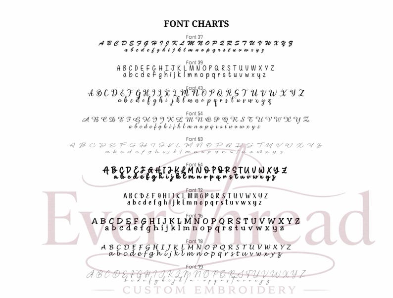 May include: A font chart displaying multiple alphabet styles labelled Font 37, 39, 43, 54, 63, 64, 72, 76, 78, and 79. Each row features uppercase and lowercase letters in black text against a white background, with the text Everthread Custom Embroidery overlaid.