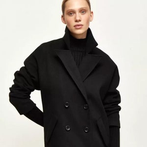 Black Midi Wool Coat with Scarf, Cashemere Coat, Lined Warm Winter Coat, Oversized  Cashmere Wool Coat, Boyfriend Women Coat,  Wrap Overcoat