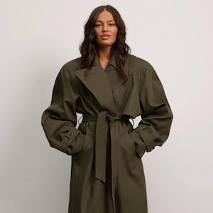 Long Spring Trench Coat in Khaki, Luxury Cotton Trench, Cotton Maxi Coat with Pockets and Belt, High Quality Cotton Maxi Trench Coat