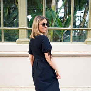 Black Linen Dress, Summer Maxi Dress with Buttons, Linen Dress for Women, Latern Sleeve with Bow Ties,Plus Size Linen Clothing, Casual Dress