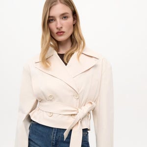 Short Cotton Trench Coat with Belt, Handmade Trench Coat, Beige Trench Coat, Short Spring Jacket, Double Breasted Coat, Spring Trench Coat