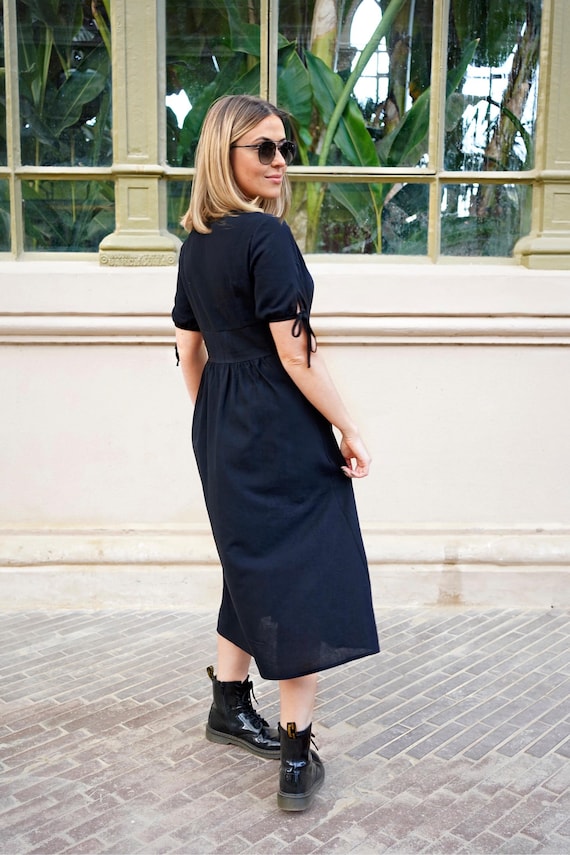 Abito in lino nero, abito lungo estivo con bottoni, abito in lino