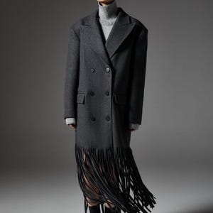 【90's】Wool Maxi Chester Coat / Dark Gray 80s Woman Gray Lambswool Coat Women Vintage 80s Winter Coat