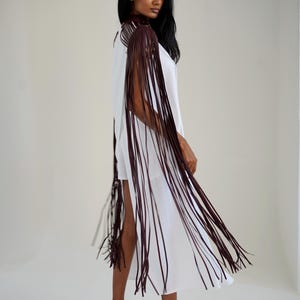 Long Fringe Leather Shoulders, Leather Colar, Burning Man Outfit, Festival Fringe, Leather Harness, Leather Macrame, Rave Outfit, Cosplay