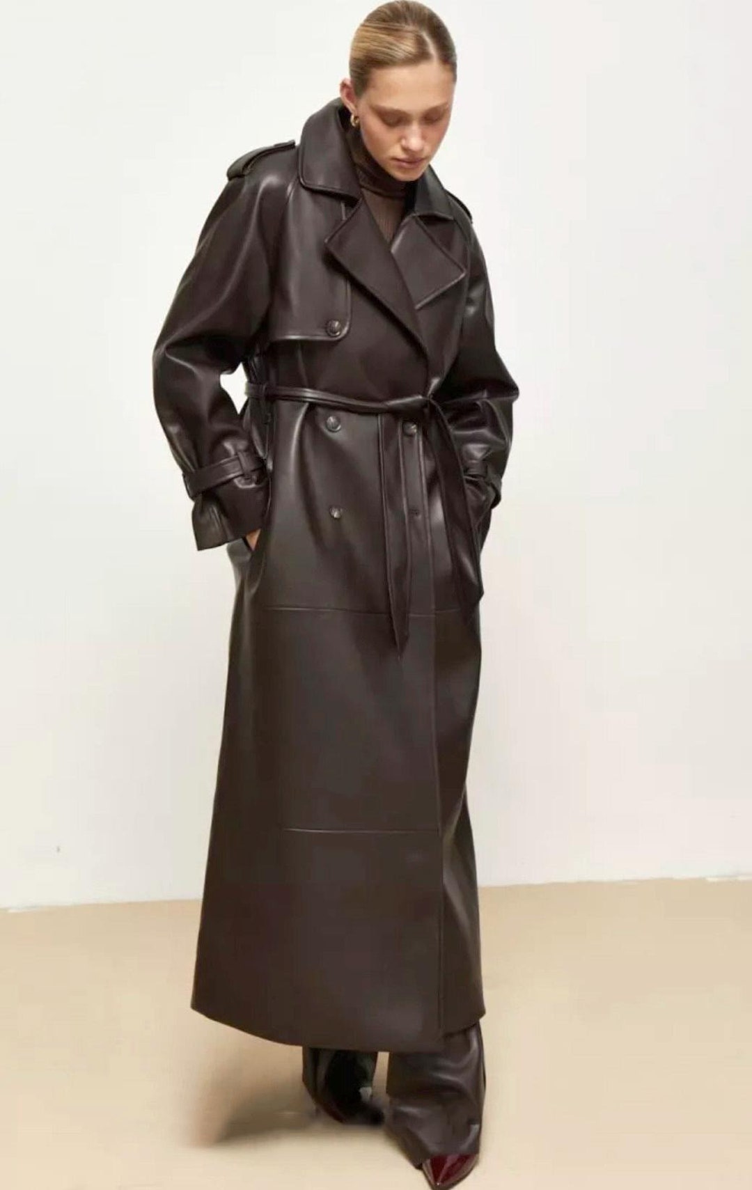 Long Leather Trench Coat - Sophisticated Comfort
