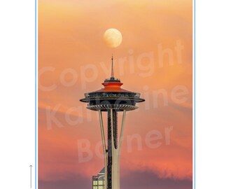 Poster Sorbet Color Buck Moon Rises Over Seattle's Space Needle