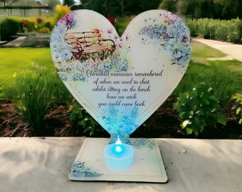 Memorial plaque with bench  and flowers Heart Tealight Holder