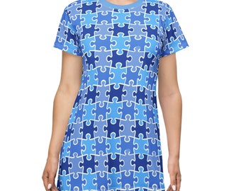 Blue Puzzle Pieces T-Shirt Dress, Ladies House Wear, Fashionable wear, Trendy Wear, Cozy Casual ladies Dress, Retro Wears, Summer Clothing