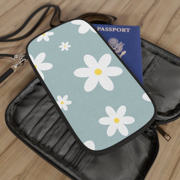 Aqua and White Daisy Passport Wallet-Passport Holder-Crossbody Wallet-Wallet-Travel Essential-Travel Wallet-versatile wallet-Vacation Essent