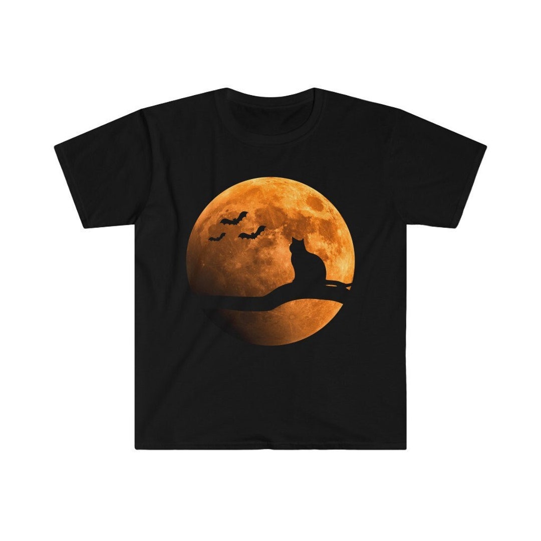 Halloween Black Cat Orange Full Moon and Bats - Etsy