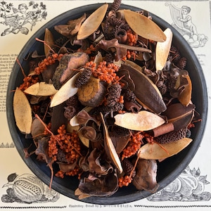 May include: A round black bowl filled with a collection of dried botanical elements, including light tan seed pods, dark brown curled leaves, small dark brown pinecones, and clusters of bright orange berries arranged in a dense, textured mix.
