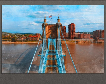 Cincinnati Canvas Print, Cincinnati Painting, Cincinnati Bridge, Cincinnati Wall Art