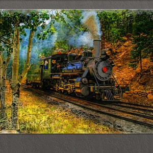 Peut inclure: Une locomotive à vapeur vintage avec une livrée verte et noire, tirant un train à travers un décor forestier. Le train se déplace à travers une zone boisée avec de grands arbres et de la fumée s'échappant du moteur.