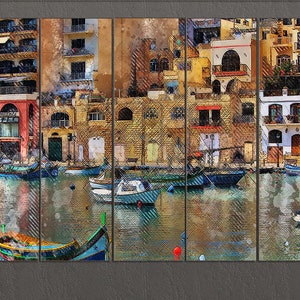 May include: A watercolor painting of a colorful harbor scene with boats docked in a small bay. The buildings lining the harbor are painted in shades of yellow, orange, and red. The water is a deep blue with reflections of the buildings and boats.