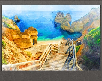 Praia do Camilo Beach, Lagos, Portugal Canvas Print, Portugal Painting, Portugal Wall Art