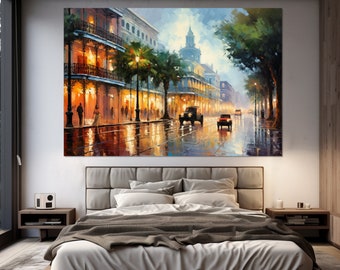 May include: An oil painting depicting a city street scene at night. The artwork features buildings with lit windows, palm trees, and vintage cars on a wet street reflecting the lights. The color palette includes warm oranges and cool blues.