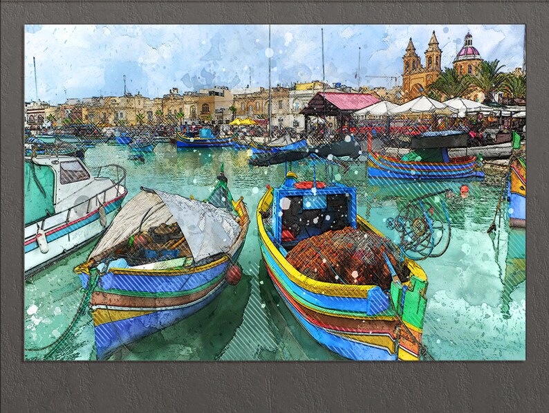 Malta Canvas Print, Marsaxlokk Port, Malta Wall Art, Malta Print image 1