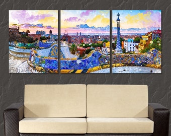 Barcelona Canvas Print, Park Guell, Barcelona Panorama, Barcelona Wall Art, Spain Canvas Art