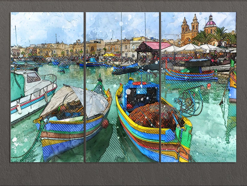 Malta Canvas Print, Marsaxlokk Port, Malta Wall Art, Malta Print image 2
