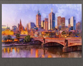 Impresión en lienzo de Melbourne, pintura de Melbourne, horizonte de Melbourne, arte mural de Melbourne, Australia