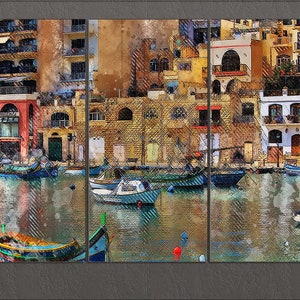 May include: A watercolor painting of a harbor scene with colorful buildings and boats. The water is a light blue and the sky is a light gray. The buildings are a mix of yellow, orange, and red. The boats are a mix of blue, green, and red.