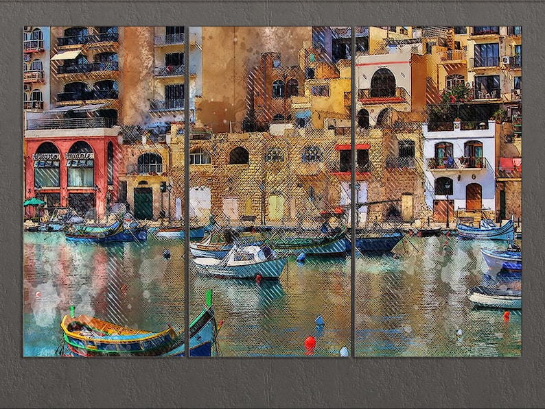 May include: A watercolor painting of a harbor scene with colorful buildings and boats. The water is a light blue and the sky is a light gray. The buildings are a mix of yellow, orange, and red. The boats are a mix of blue, green, and red.