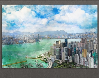 Impresión en lienzo de Hong Kong, pintura de Hong Kong, horizonte de Hong Kong, arte mural de Hong Kong