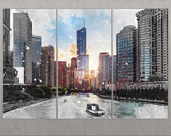 May include: A black and white sketch of a city skyline with a river in the foreground. The buildings are tall and modern, and the river is wide and calm. The sky is a light blue with white clouds. There are snow flakes falling in the air.