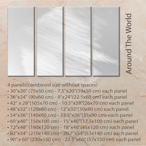 May include: A set of four white canvas panels with a subtle textured pattern. The panels are arranged in a row and labeled with their dimensions in inches and centimeters. The text "Around The World" is written vertically on the right side of the image.