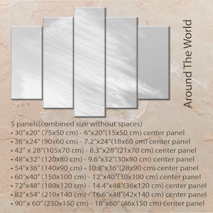 May include: A five-panel canvas print set featuring a white and gray abstract cloud design. The panels are arranged in a horizontal row with the center panel being the largest. The text "Around The World" is printed on the right side of the image. The image includes the dimensions of each panel in inches and centimeters.