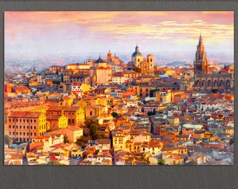 Toledo, Spain Canvas Print, Toledo Painting, Toledo Wall Art, Toledo Skyline, Spain