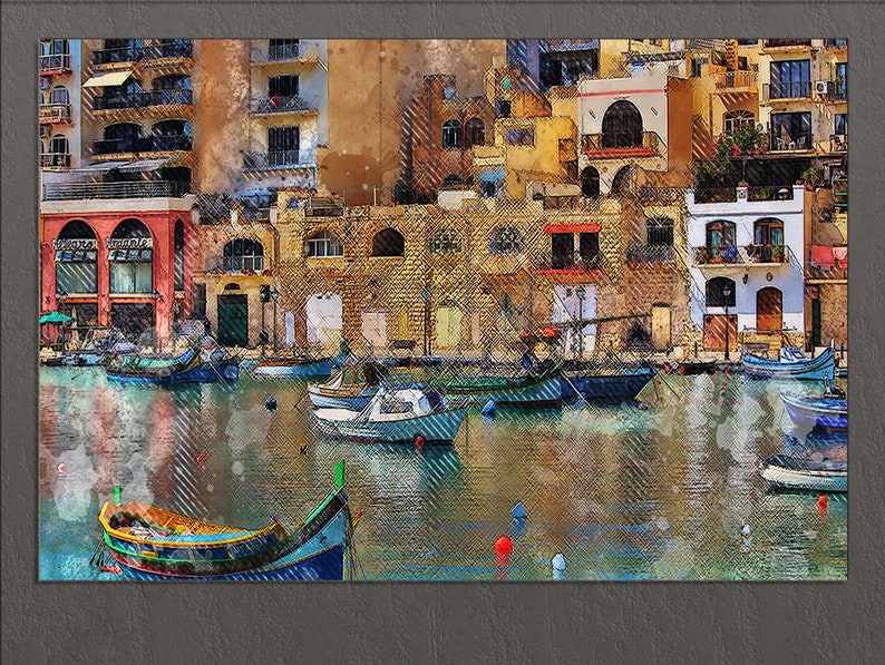 May include: A watercolor painting of a harbor scene with colorful buildings and boats. The boats are docked in the water, and the buildings are lined up along the shore. The water is a light blue color, and the sky is a light gray color.