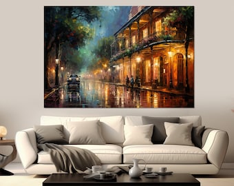 May include: A painting of a street scene in New Orleans at night. The street is lined with old buildings with balconies and wrought iron railings. There are streetlights and a car driving down the street. The painting is done in a realistic style with a focus on light and shadow.